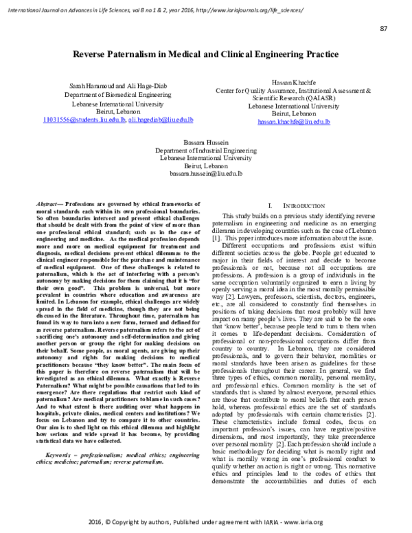 (PDF) Reverse Paternalism in Medical and Clinical Engineering Practice