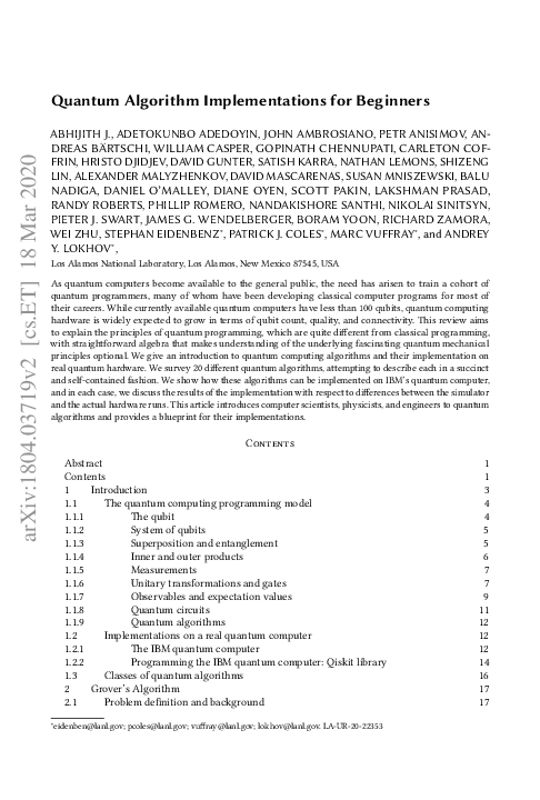 (PDF) Quantum Algorithm Implementations for Beginners