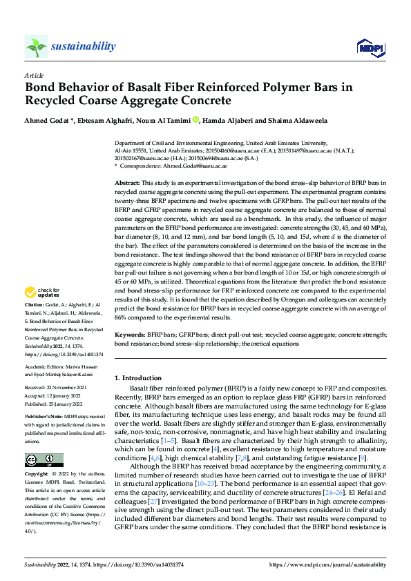 (PDF) Bond Behavior of Basalt Fiber Reinforced Polymer Bars in Recycled ...