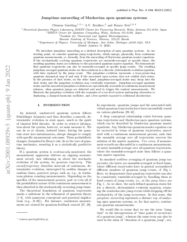 (PDF) Jumptime unraveling of Markovian open quantum systems