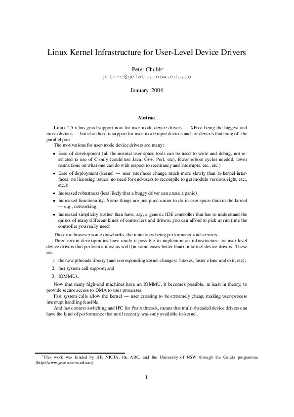 (PDF) Linux Kernel Infrastructure for User-Level Device Drivers