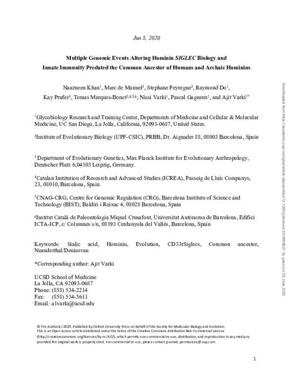 (PDF) Multiple Genomic Events Altering Hominin SIGLEC Biology and ...