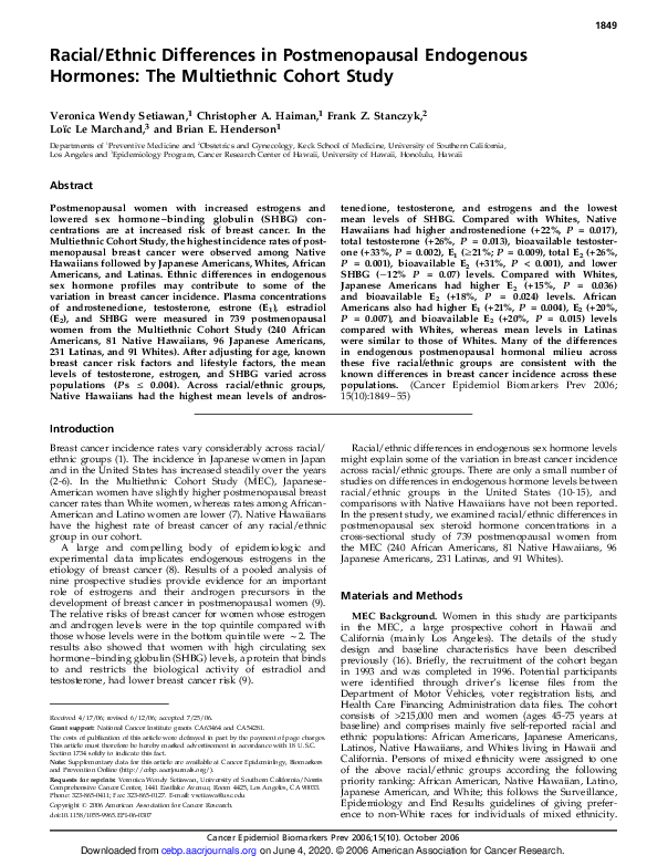 (PDF) Racial/Ethnic Differences in Postmenopausal Endogenous Hormones ...
