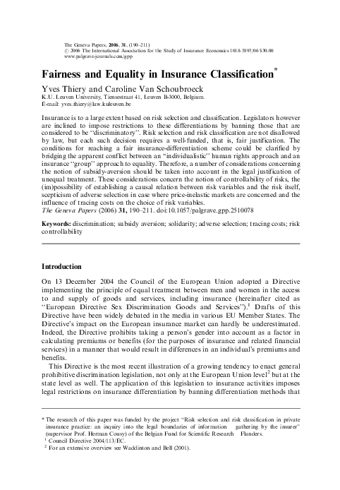 (PDF) Fairness and Equality in Insurance Classification*