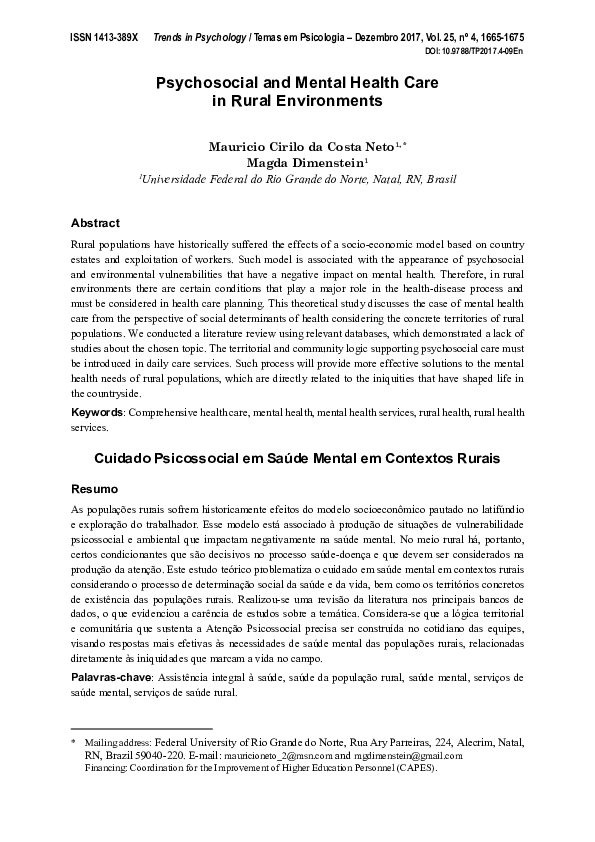 (PDF) Psychosocial and Mental Health Care in Rural Environments
