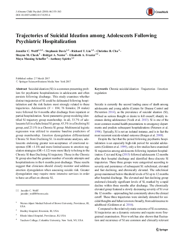 (PDF) Trajectories of Suicidal Ideation among Adolescents Following ...