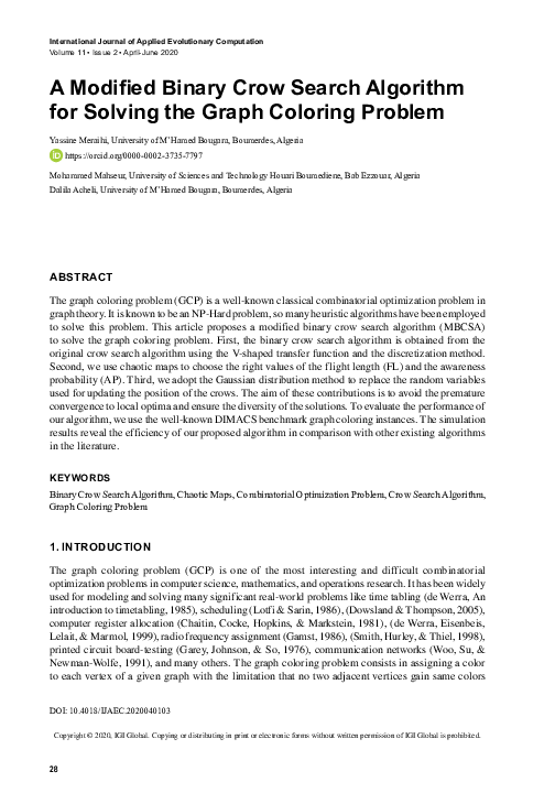 (PDF) A Modified Binary Crow Search Algorithm for Solving the Graph ...