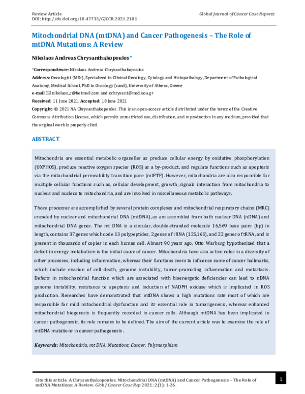 (PDF) Mitochondrial DNA (mtDNA) and Cancer Pathogenesis – The Role of ...