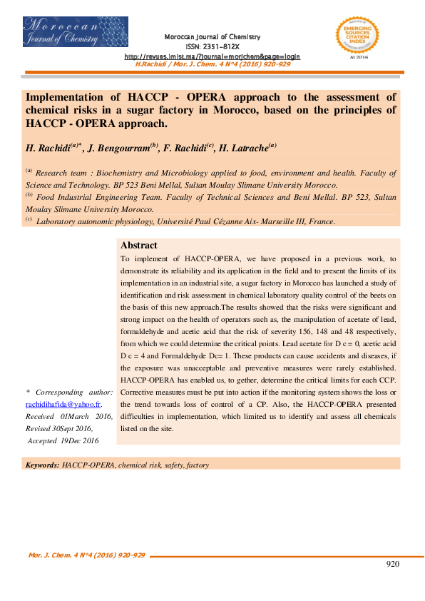 (PDF) Moroccan Journal of Chemistry Implementation of HACCP-OPERA ...