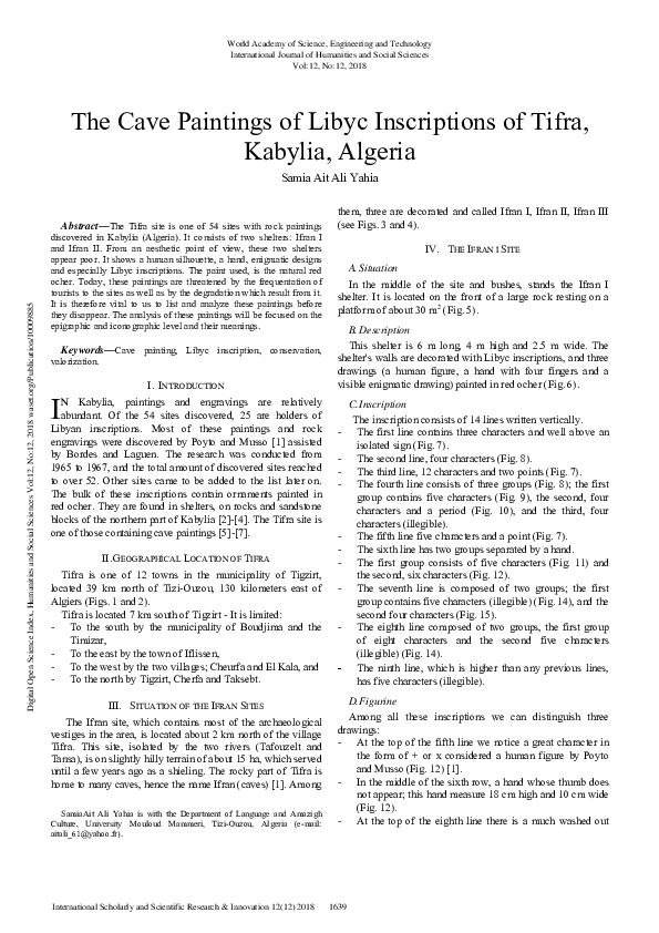 The Cave Paintings of Libyc Inscriptions of Tifra, Kabylia, Algeria