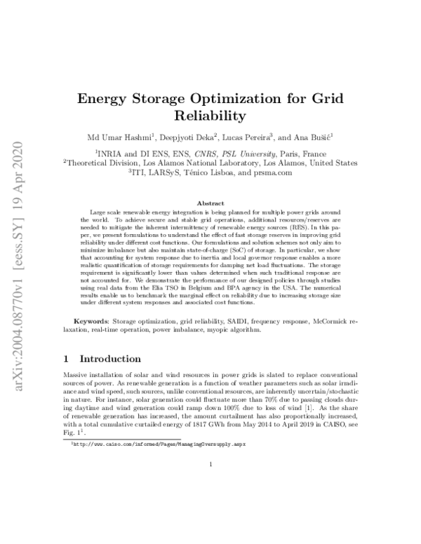 (PDF) Energy Storage Optimization for Grid Reliability