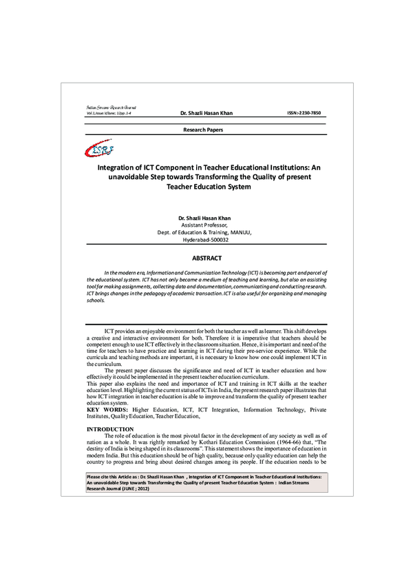 (PDF) Integration of ICT Component in Teacher Educational Institutions ...