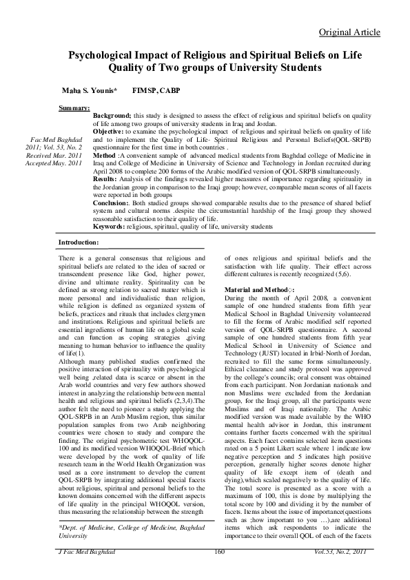 (PDF) Psychological Impact of Religious and Spiritual Beliefs on Life ...