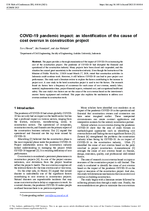 (PDF) COVID-19 pandemic impact: an identification of the cause of cost ...
