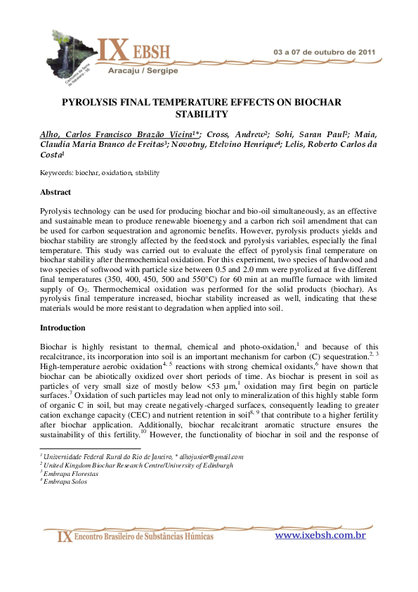(PDF) Pyrolysis Final Temperature Effects on Biochar Stability
