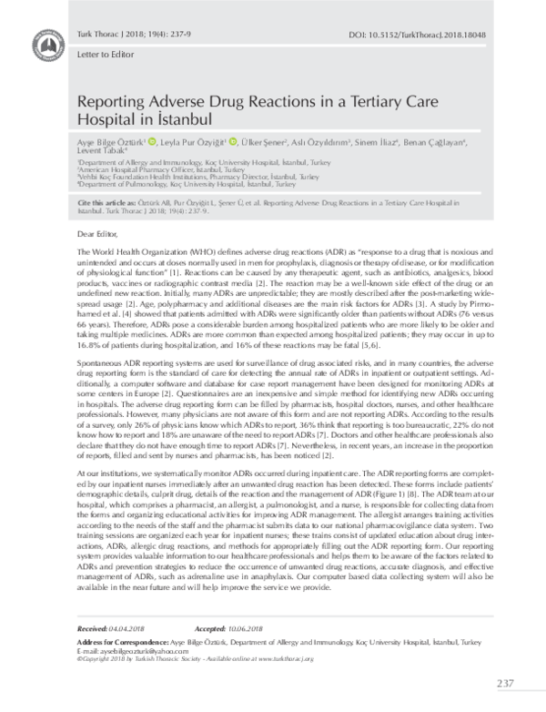 (PDF) Reporting Adverse Drug Reactions in a Tertiary Care Hospital in ...