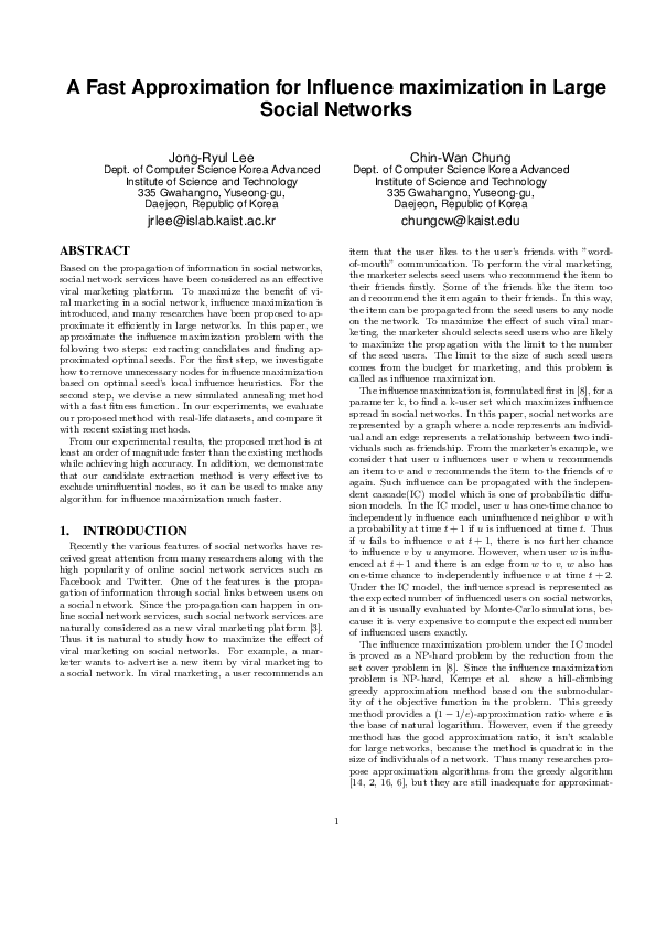(PDF) A fast approximation for influence maximization in large social ...