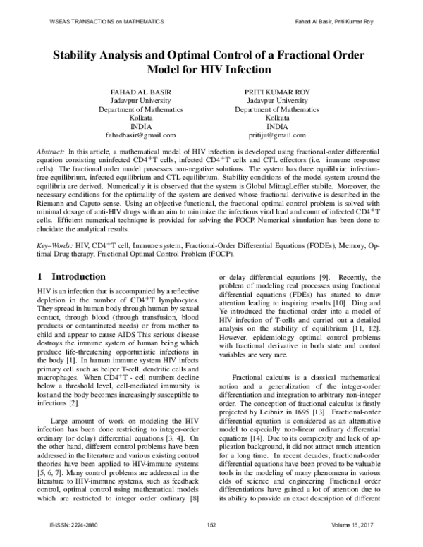 (PDF) Stability Analysis and Optimal Control of a Fractional Order ...