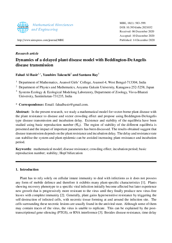 (PDF) Dynamics of a delayed plant disease model with Beddington ...