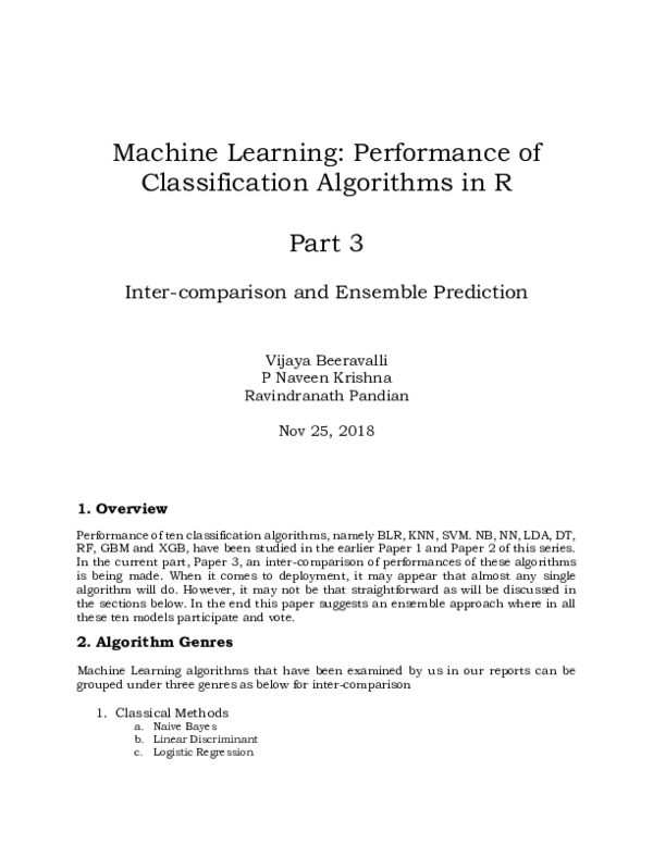 (PDF) Machine Learning: Performance of Classification Algorithms in R ...