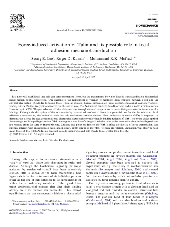 (PDF) Force-induced activation of Talin and its possible role in focal ...