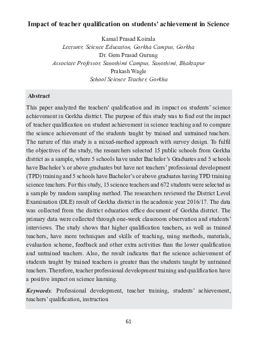(PDF) Impact of teacher qualification on students’ achievement in Science
