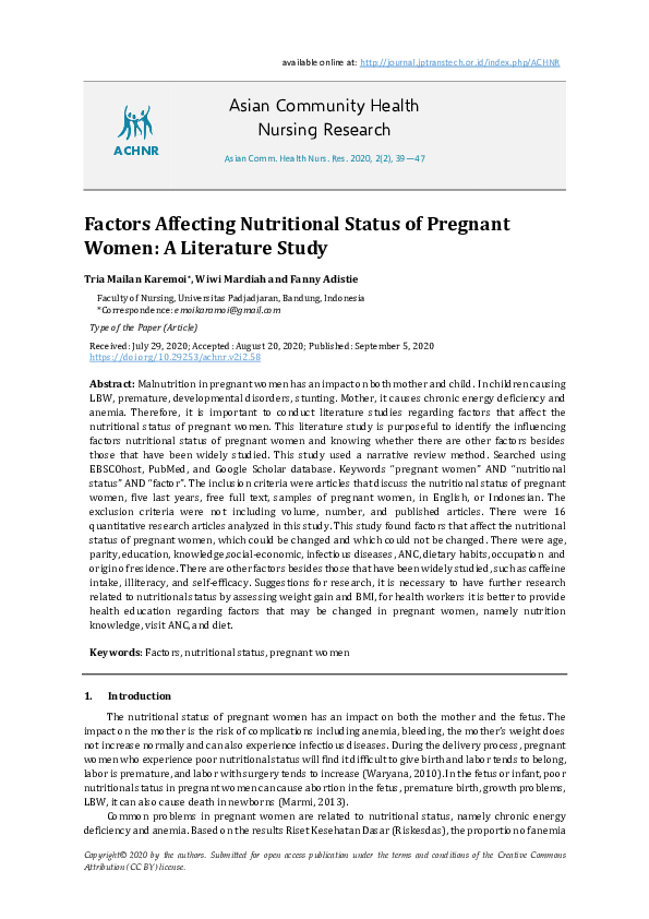 (PDF) Factors Affecting Nutritional Status of Pregnant Women