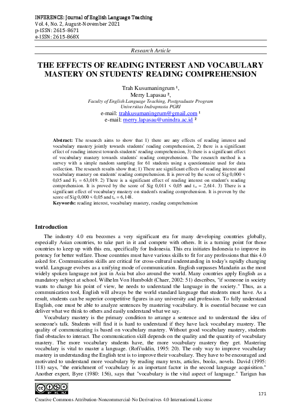 (PDF) The Effects of Reading Interest and Vocabulary Mastery on ...