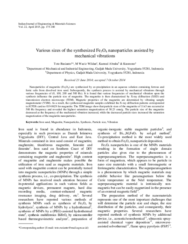 (PDF) Various sizes of the synthesized Fe 3 O 4 nanoparticles assisted ...