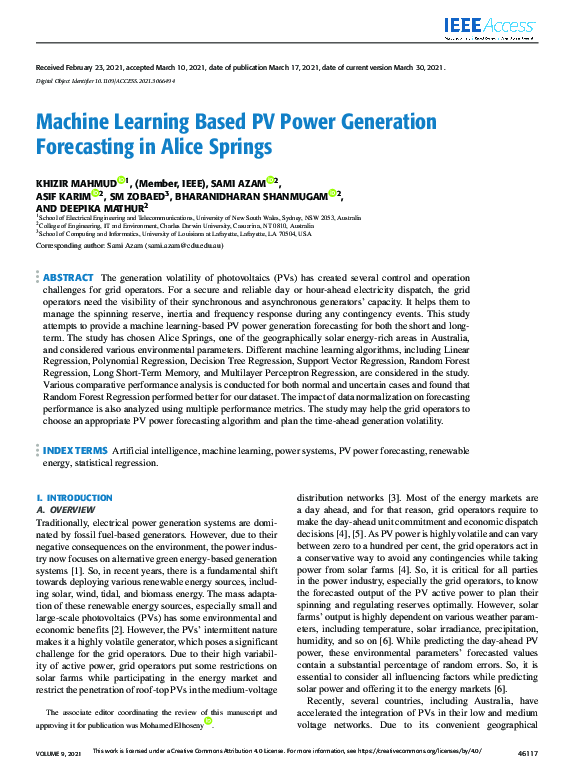 (PDF) Machine Learning Based PV Power Generation Forecasting in Alice ...