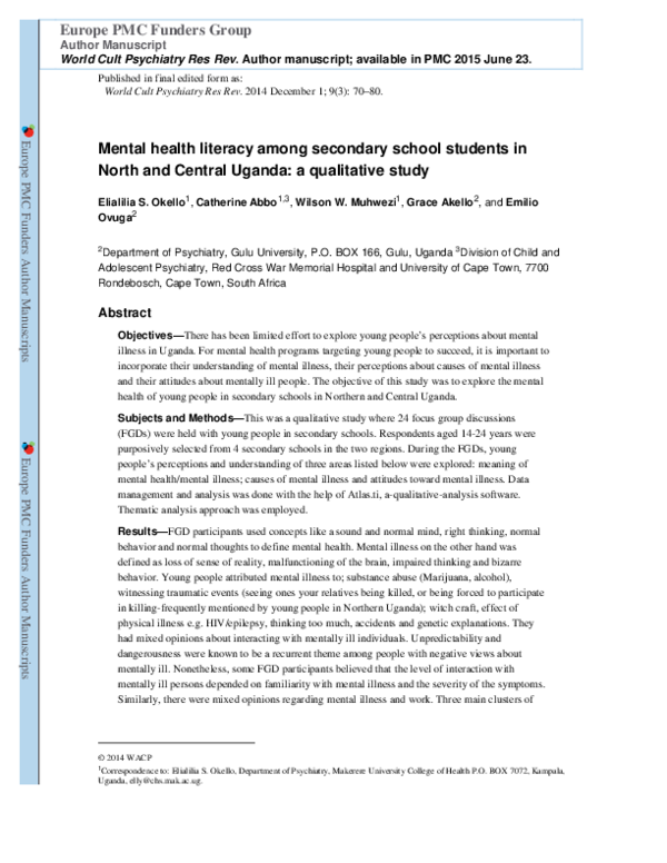 (PDF) Mental health literacy among secondary school students in North ...