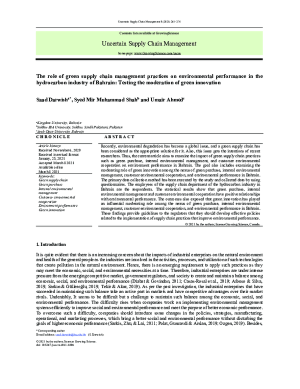 (PDF) The role of green supply chain management practices on ...