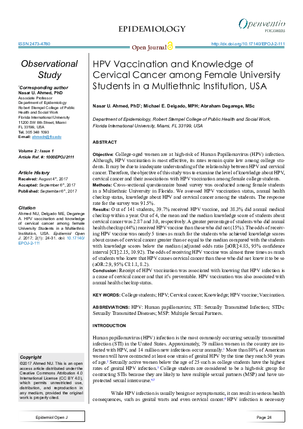 (PDF) HPV Vaccination and Knowledge of Cervical Cancer among Female ...