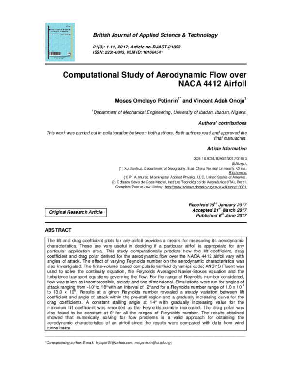 (PDF) Computational Study of Aerodynamic Flow over NACA 4412 Airfoil