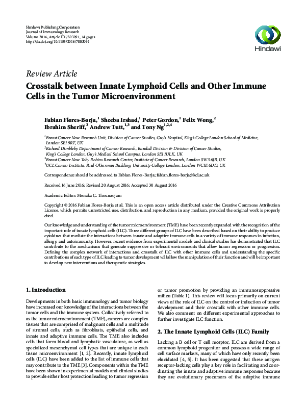 (PDF) Crosstalk between Innate Lymphoid Cells and Other Immune Cells in ...