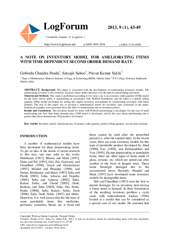 (PDF) A note on inventory model for ameliorating items with time ...