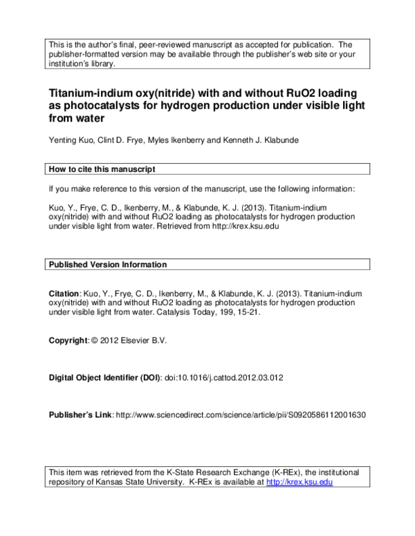 (PDF) for Hydrogen Production under Visible Light from Water