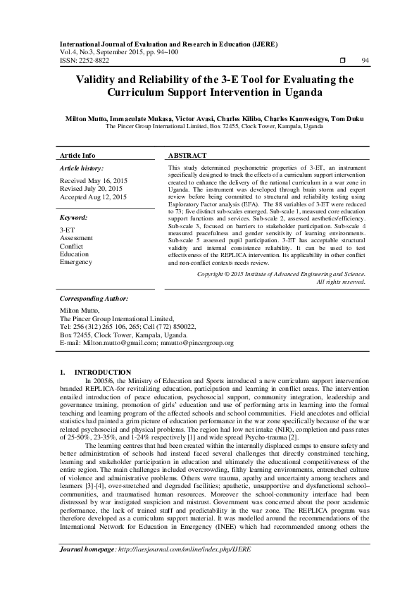 (PDF) Validity and Reliability of the 3-E Tool for Evaluating the ...