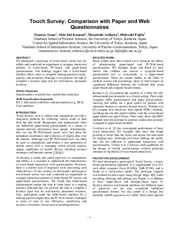 (PDF) Touch Survey: Comparison with Paper and Web Questionnaires