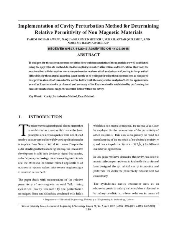 (PDF) Implementation of Cavity Perturbation Method for Determining Relative Permittivity of Non