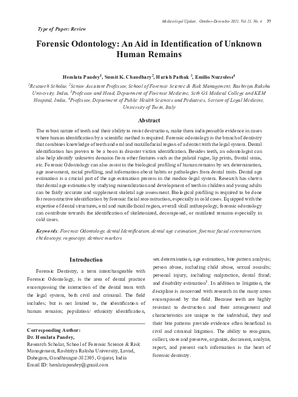 (PDF) Forensic Odontology: An Aid in Identification of Unknown Human ...