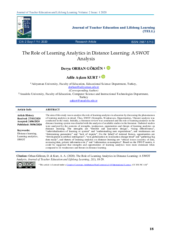 (PDF) The Role of Learning Analytics in Distance Learning: A SWOT Analysis