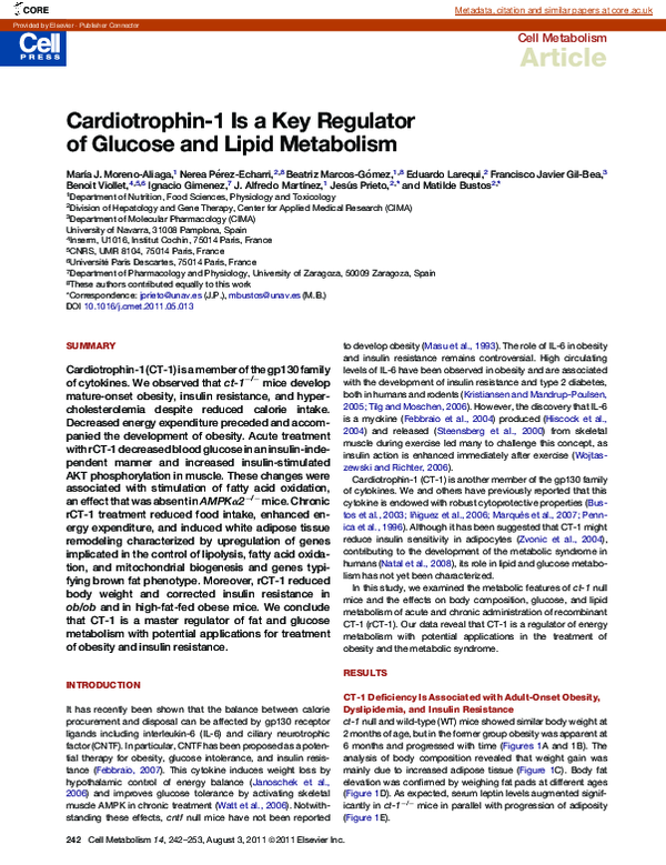 (PDF) Cardiotrophin-1 Is a Key Regulator of Glucose and Lipid Metabolism