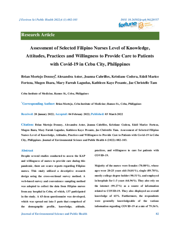 (PDF) Assessment of Selected Filipino Nurses Level of Knowledge ...