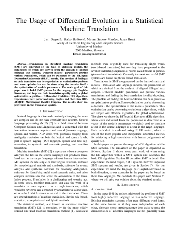 (PDF) The usage of differential evolution in a statistical machine translation Janez Brest