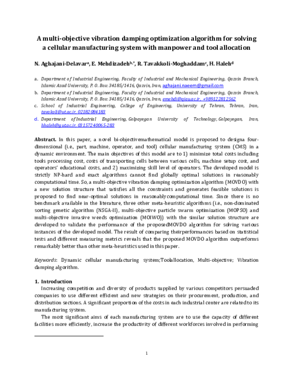 (PDF) A multiobjective vibration damping optimization algorithm for solving a cellular