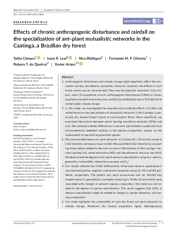 (PDF) Effects of chronic anthropogenic disturbance and rainfall on the ...