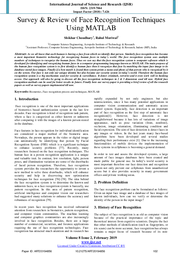 (PDF) Survey & Review of Face Recognition Techniques Using MATLAB