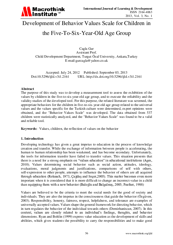 (PDF) Development of Behavior Values Scale for Children in the Five-To ...
