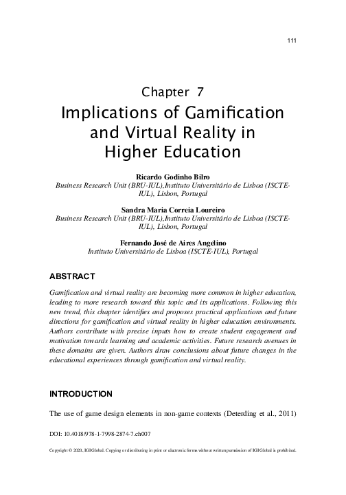 (PDF) Implications of Gamification and Virtual Reality in Higher Education